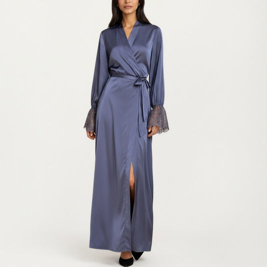 Anna-Kaci Lounge Women's Satin Wrap Robe Dress with Long Sleeves Lace Cuff Detail and Adjustable Tie Waist in Flowy Maxi Silhouette