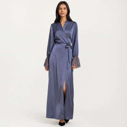 Anna-Kaci Lounge Women's Satin Wrap Robe Dress with Long Sleeves Lace Cuff Detail and Adjustable Tie Waist in Flowy Maxi Silhouette