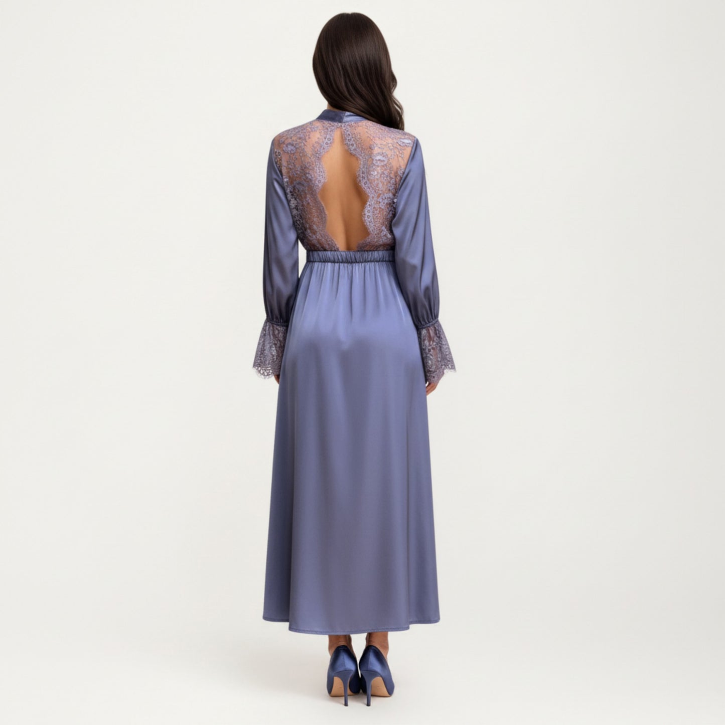 Anna-Kaci Lounge Women's Satin Wrap Robe Dress with Long Sleeves Lace Cuff Detail and Adjustable Tie Waist in Flowy Maxi Silhouette