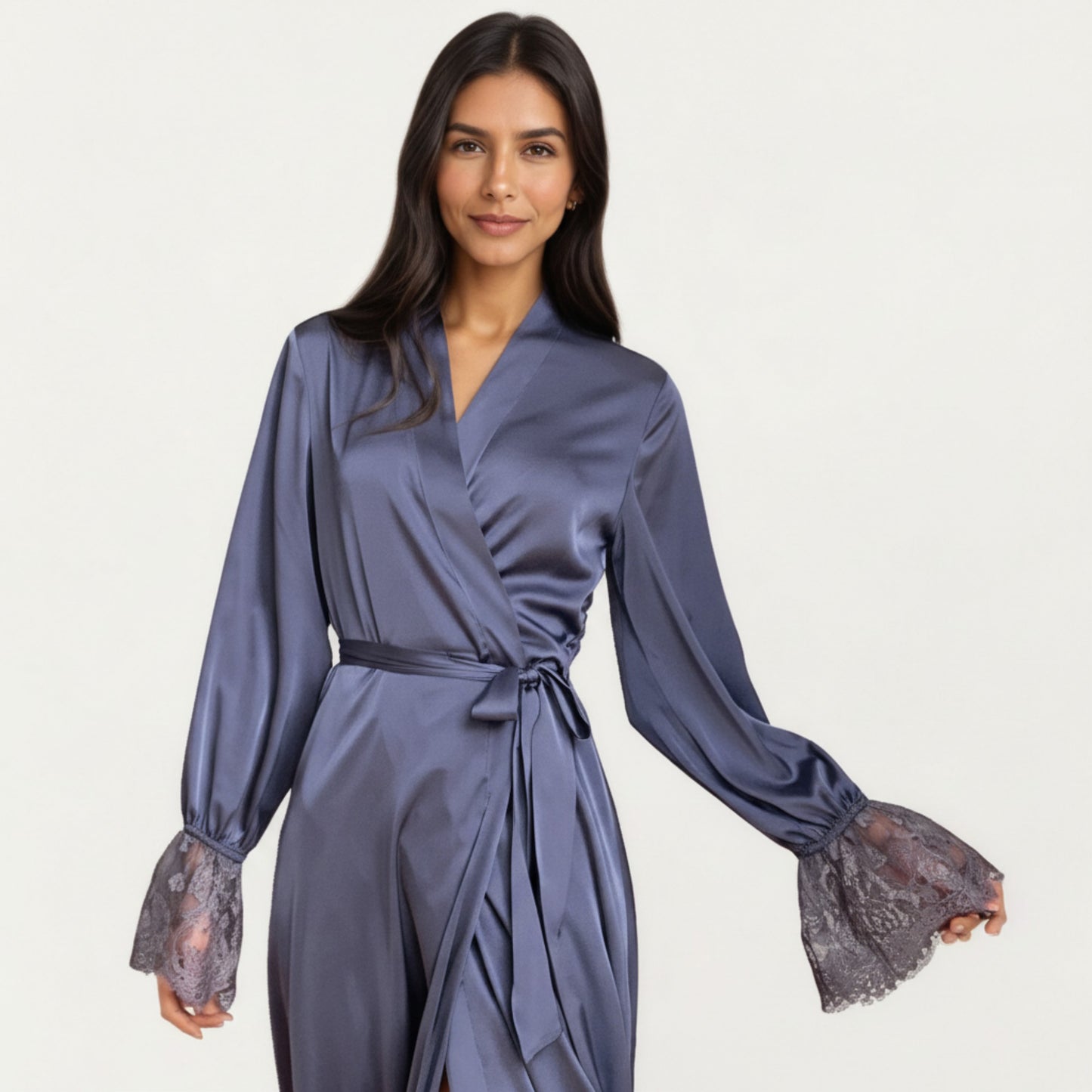 Anna-Kaci Lounge Women's Satin Wrap Robe Dress with Long Sleeves Lace Cuff Detail and Adjustable Tie Waist in Flowy Maxi Silhouette