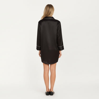 Anna-Kaci Lounge Women's Satin Button-Front Sleep Shirt with Contrast Piping Trim and Relaxed Long Sleeve Silhouette