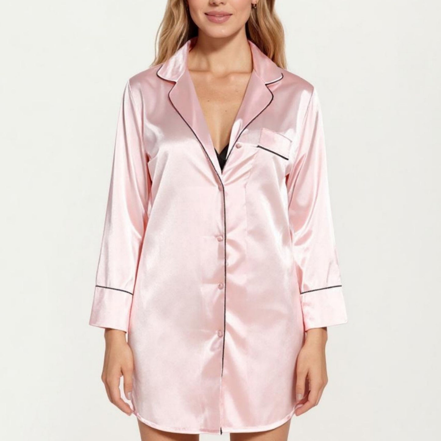 Anna-Kaci Lounge Women's Satin Button-Front Sleep Shirt with Contrast Piping Trim and Relaxed Long Sleeve Silhouette