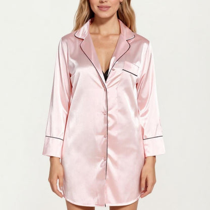Anna-Kaci Lounge Women's Satin Button-Front Sleep Shirt with Contrast Piping Trim and Relaxed Long Sleeve Silhouette
