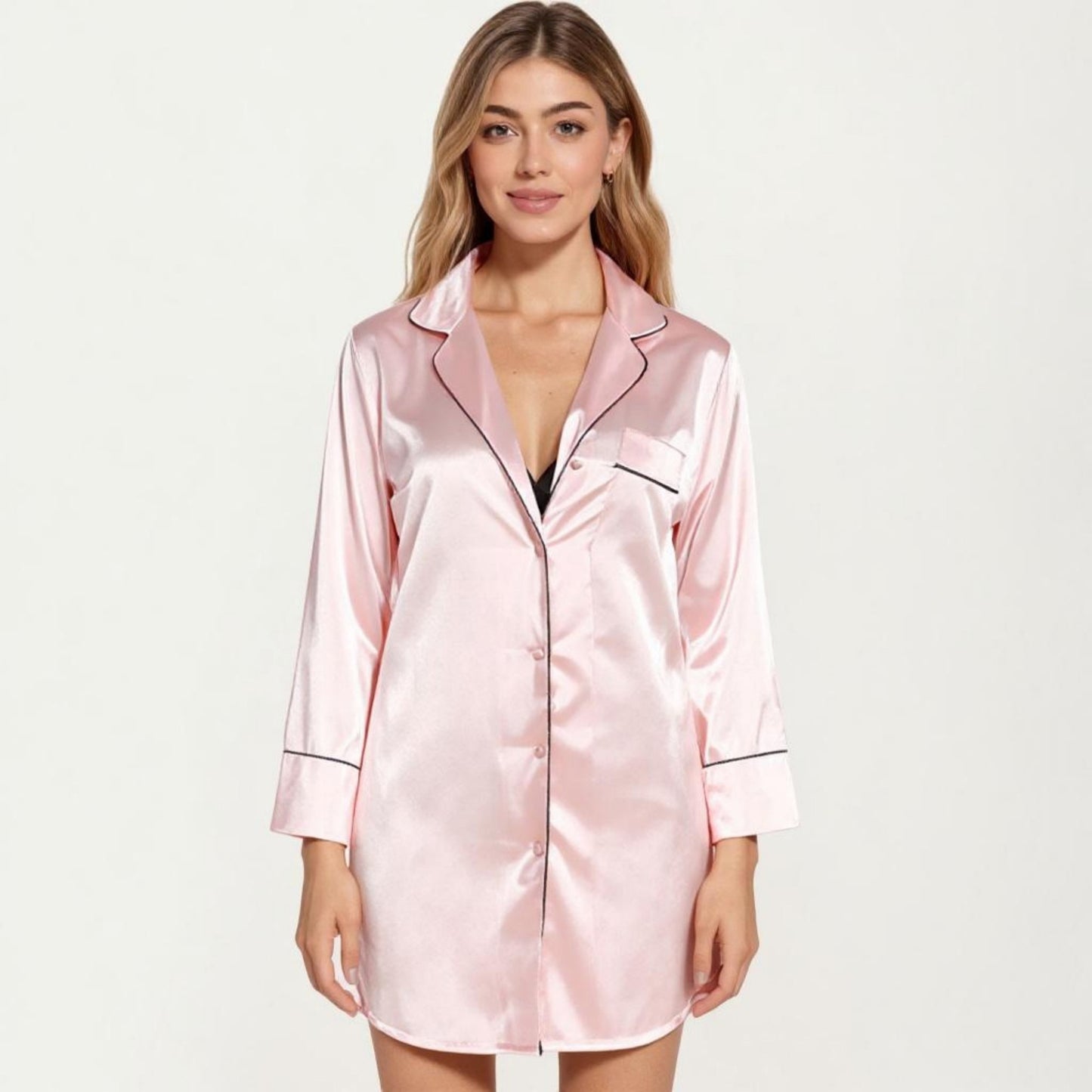 Anna-Kaci Lounge Women's Satin Button-Front Sleep Shirt with Contrast Piping Trim and Relaxed Long Sleeve Silhouette