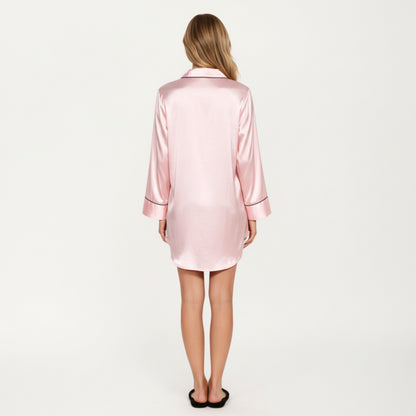 Anna-Kaci Lounge Women's Satin Button-Front Sleep Shirt with Contrast Piping Trim and Relaxed Long Sleeve Silhouette