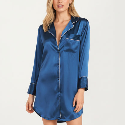 Anna-Kaci Lounge Women's Satin Button-Front Sleep Shirt with Contrast Piping Trim and Relaxed Long Sleeve Silhouette