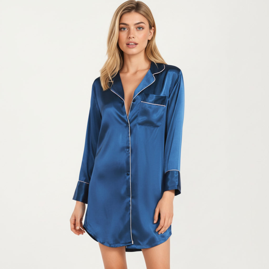 Anna-Kaci Lounge Women's Satin Button-Front Sleep Shirt with Contrast Piping Trim and Relaxed Long Sleeve Silhouette