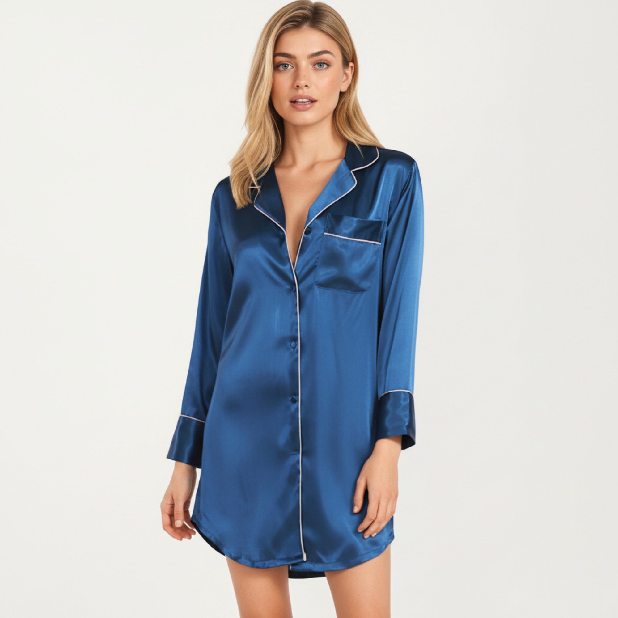 Anna-Kaci Lounge Women's Satin Button-Front Sleep Shirt with Contrast Piping Trim and Relaxed Long Sleeve Silhouette
