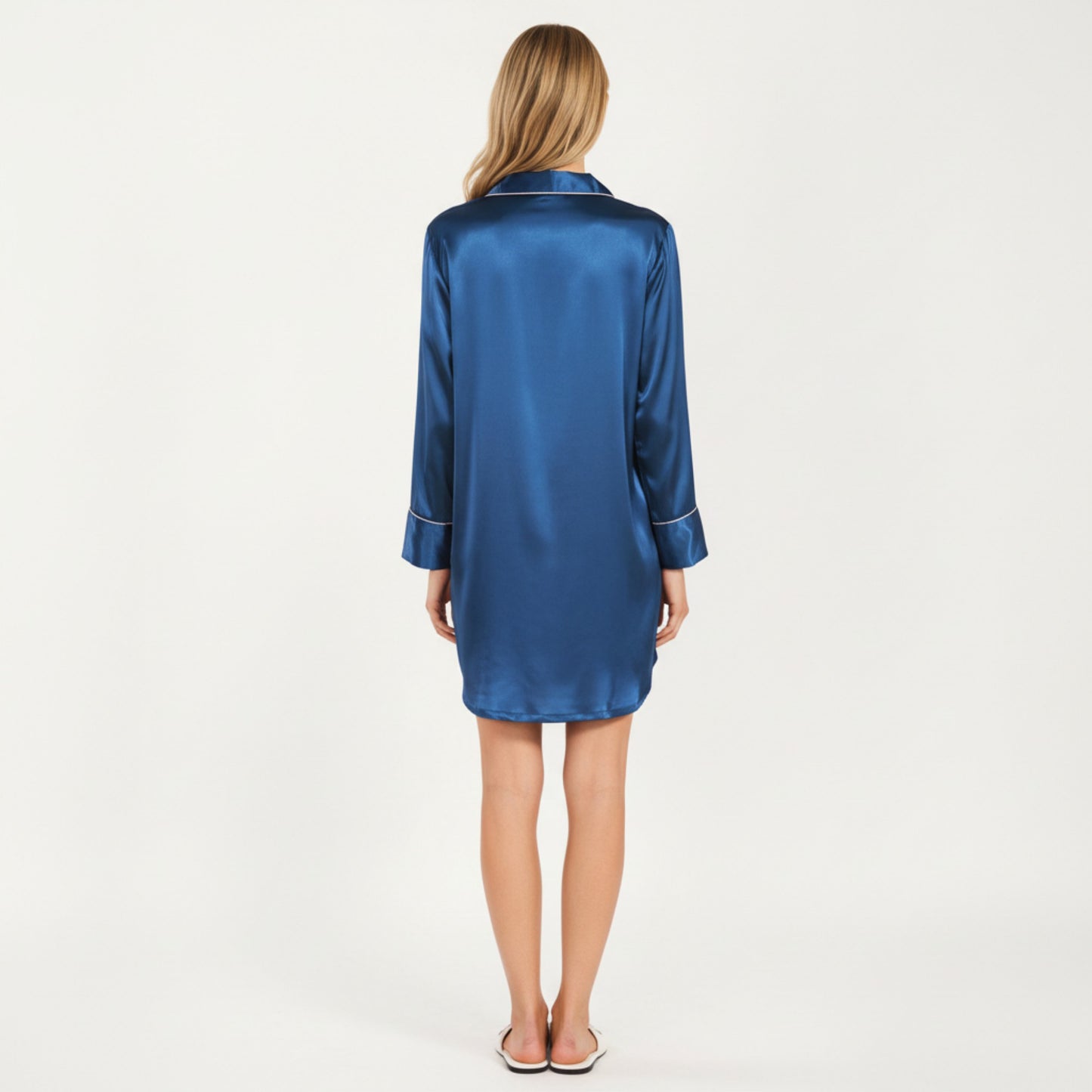 Anna-Kaci Lounge Women's Satin Button-Front Sleep Shirt with Contrast Piping Trim and Relaxed Long Sleeve Silhouette