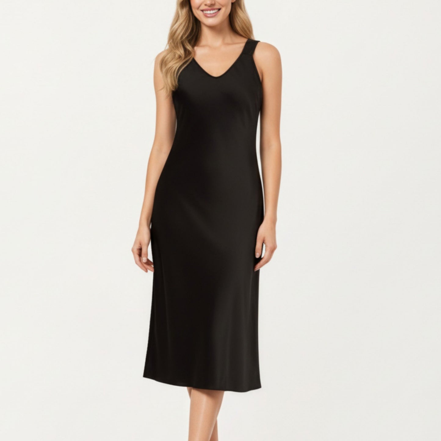 Anna-Kaci Lounge Women's Satin Midi Slip Dress with Wide Shoulder Straps and Smooth Sculpted Silhouette for a Polished Minimal Look