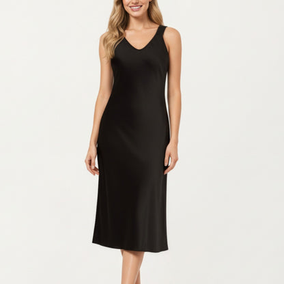 Anna-Kaci Lounge Women's Satin Midi Slip Dress with Wide Shoulder Straps and Smooth Sculpted Silhouette for a Polished Minimal Look