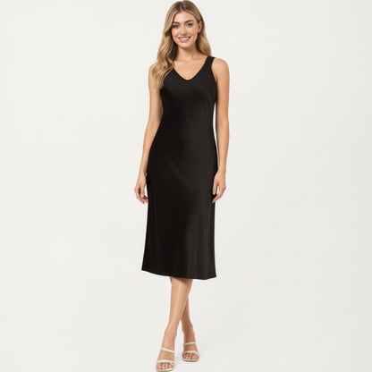 Anna-Kaci Lounge Women's Satin Midi Slip Dress with Wide Shoulder Straps and Smooth Sculpted Silhouette for a Polished Minimal Look