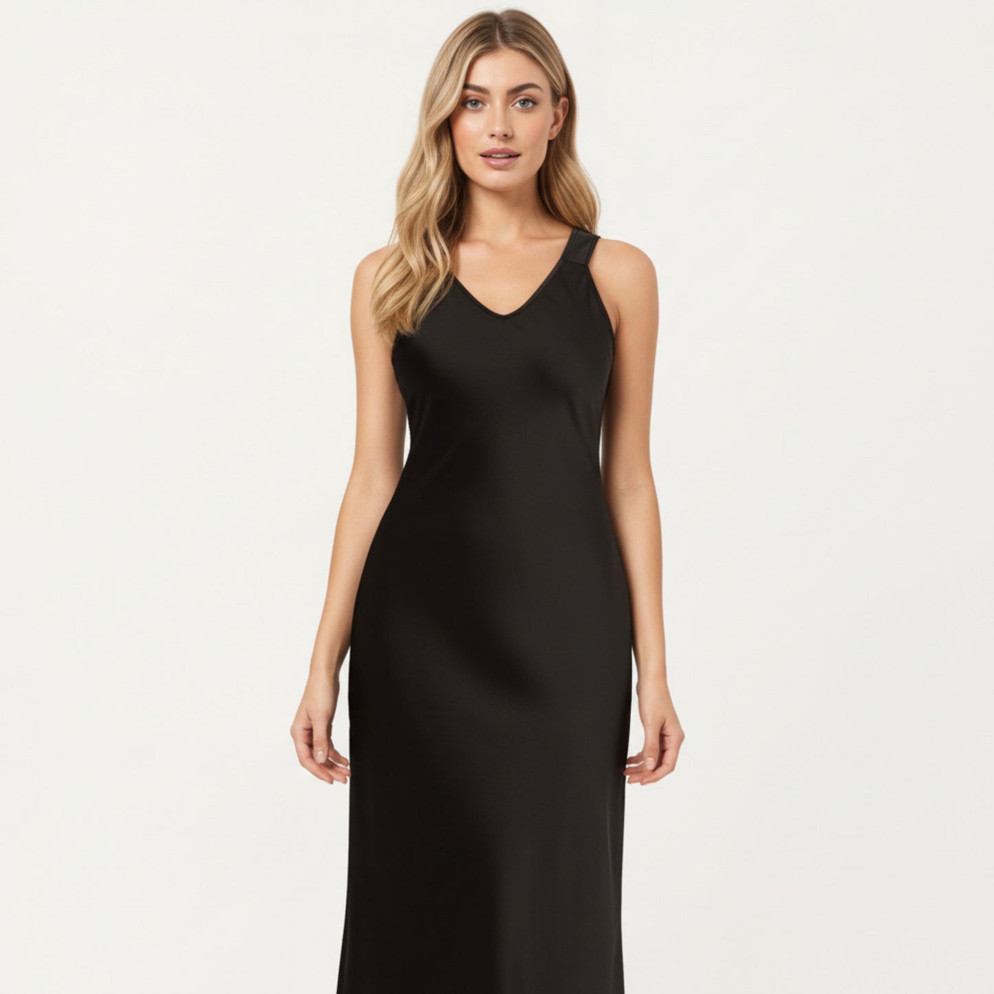 Anna-Kaci Lounge Women's Satin Midi Slip Dress with Wide Shoulder Straps and Smooth Sculpted Silhouette for a Polished Minimal Look