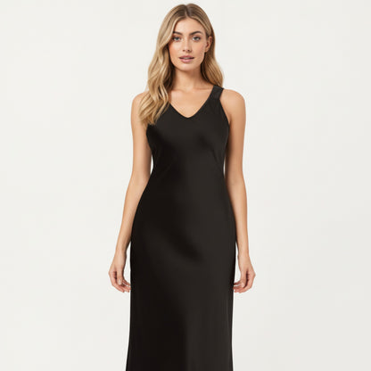 Anna-Kaci Lounge Women's Satin Midi Slip Dress with Wide Shoulder Straps and Smooth Sculpted Silhouette for a Polished Minimal Look
