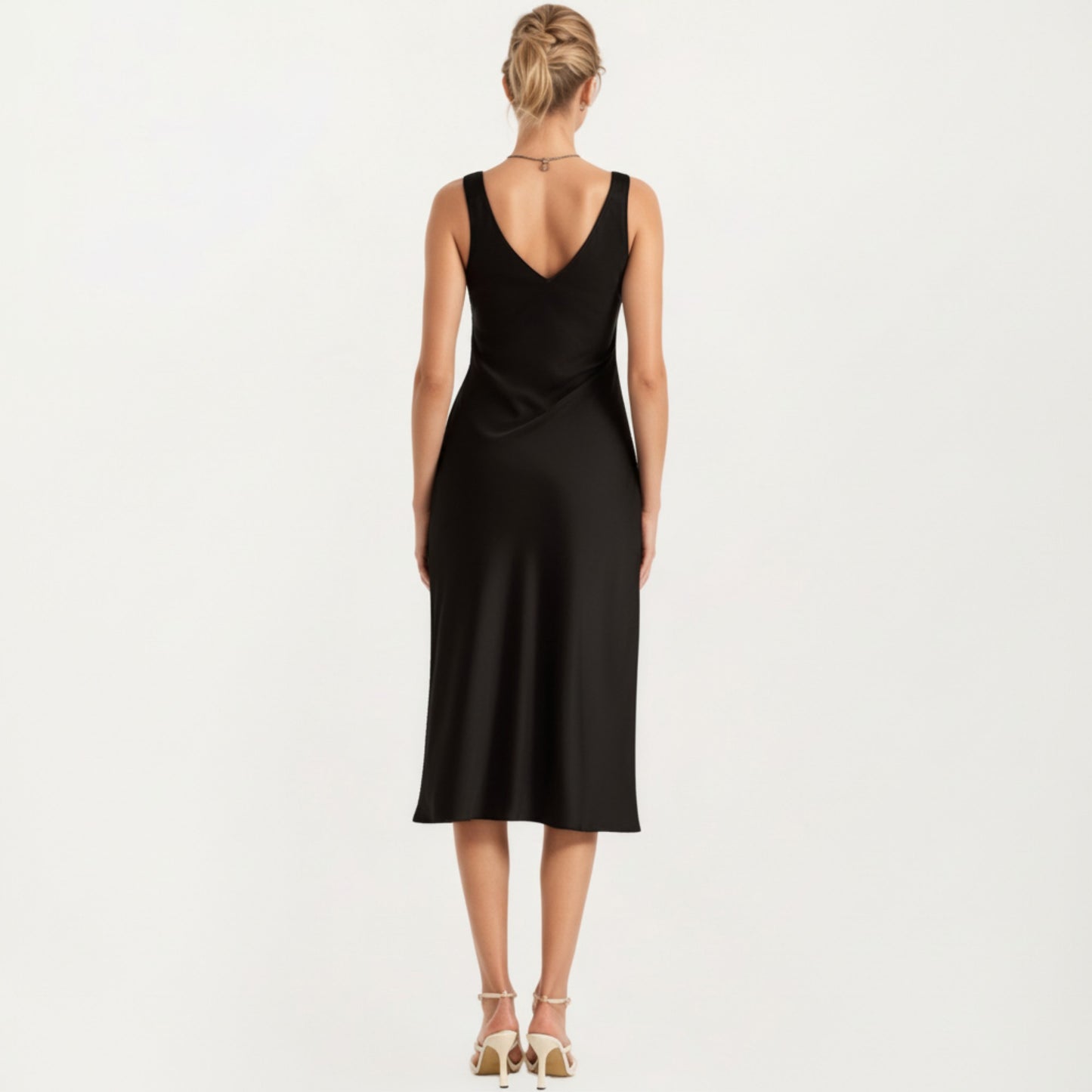 Anna-Kaci Lounge Women's Satin Midi Slip Dress with Wide Shoulder Straps and Smooth Sculpted Silhouette for a Polished Minimal Look