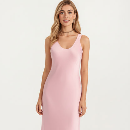 Anna-Kaci Lounge Women's Satin Midi Slip Dress with Wide Shoulder Straps and Smooth Sculpted Silhouette for a Polished Minimal Look