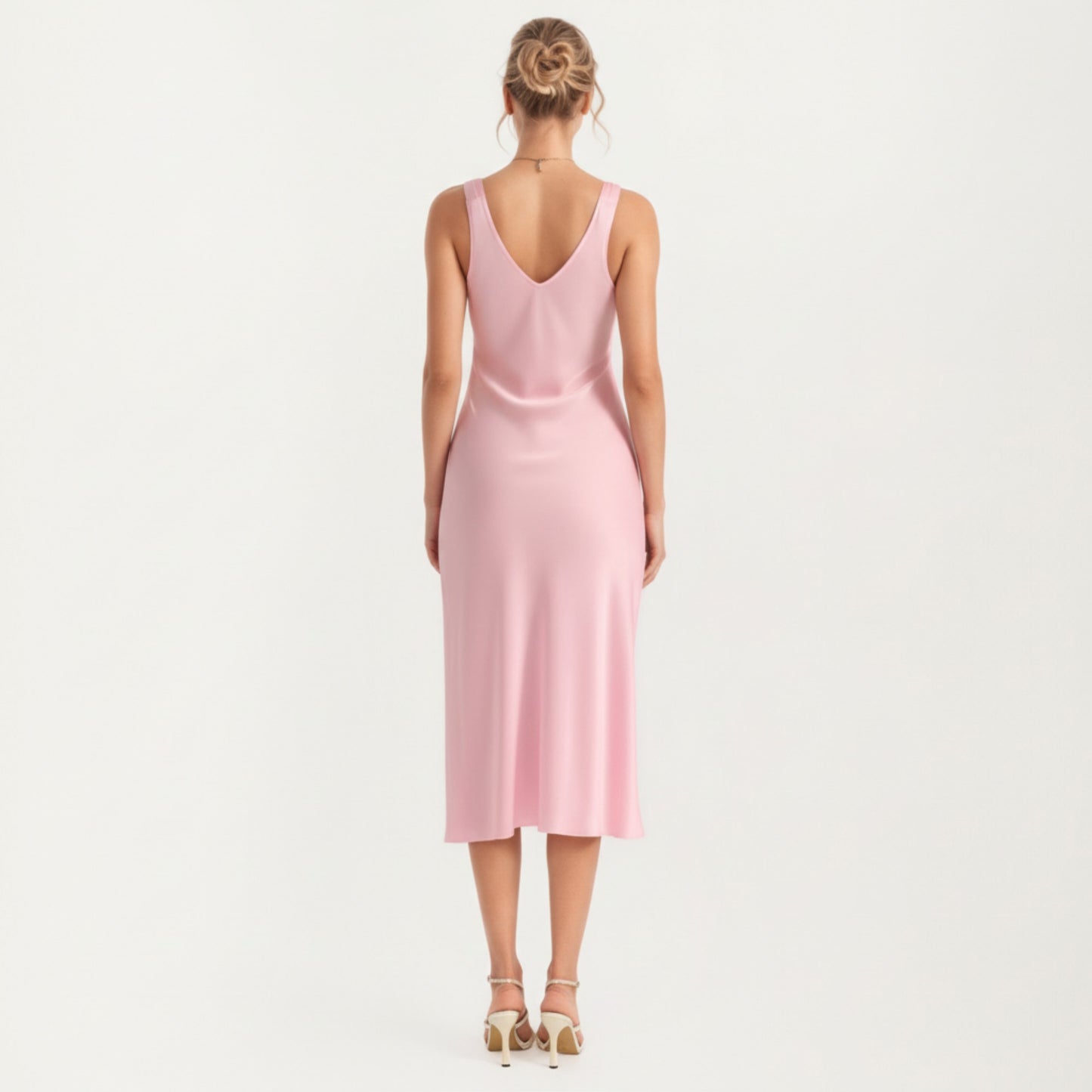 Anna-Kaci Lounge Women's Satin Midi Slip Dress with Wide Shoulder Straps and Smooth Sculpted Silhouette for a Polished Minimal Look