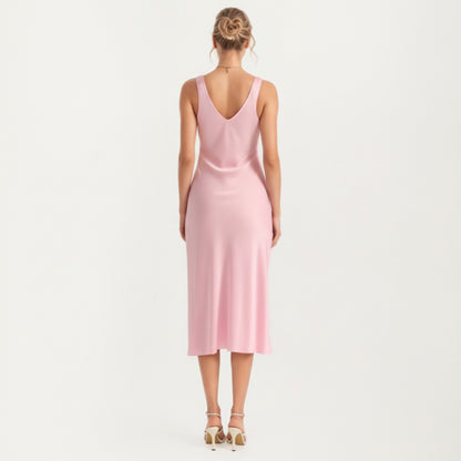 Anna-Kaci Lounge Women's Satin Midi Slip Dress with Wide Shoulder Straps and Smooth Sculpted Silhouette for a Polished Minimal Look