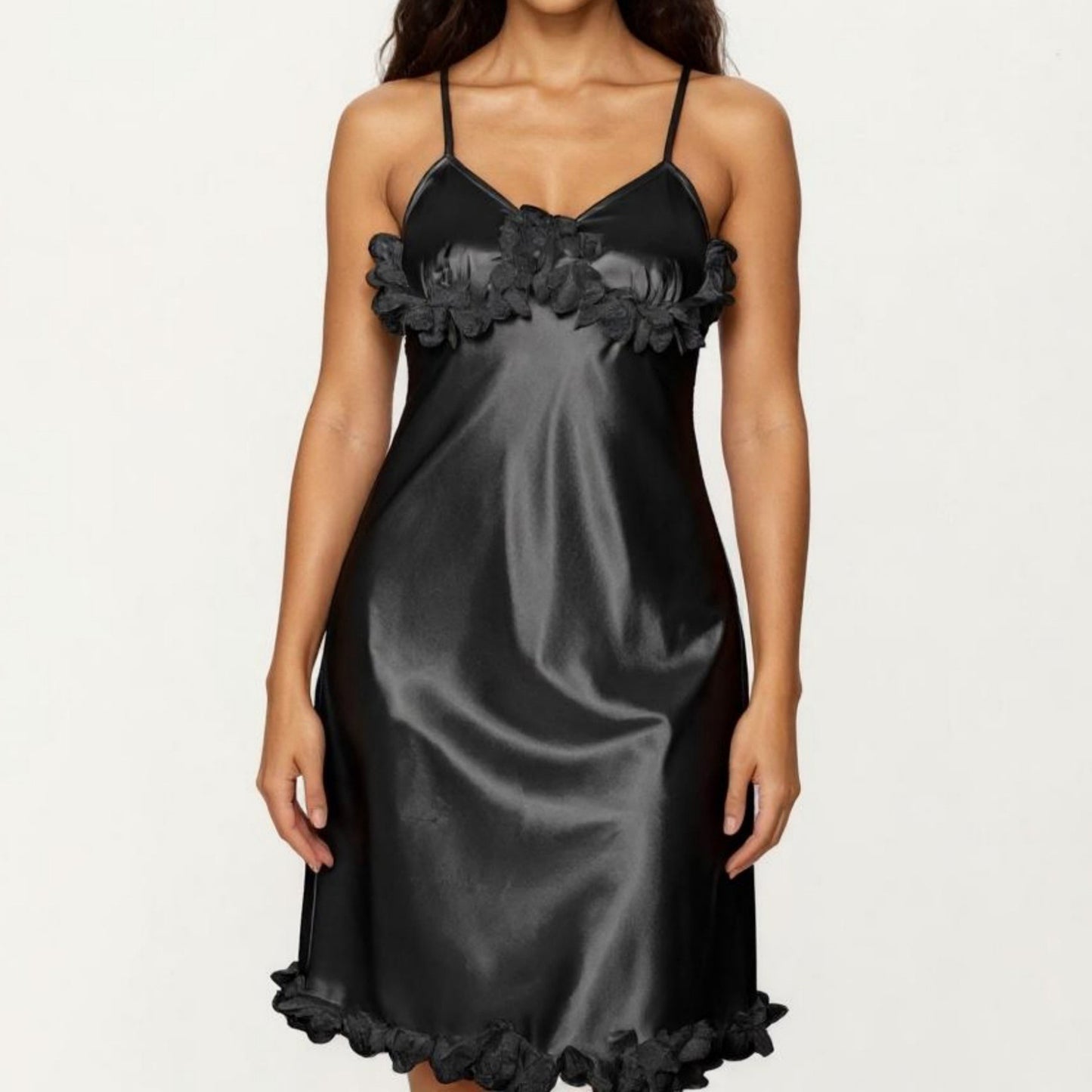 Anna-Kaci Lounge Women's Satin Midi Slip Dress with 3D Floral Trim Bodice and Ruffled Hem Detail for a Soft Sculpted Silhouette