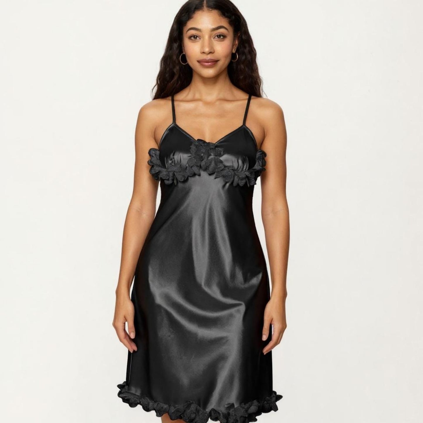 Anna-Kaci Lounge Women's Satin Midi Slip Dress with 3D Floral Trim Bodice and Ruffled Hem Detail for a Soft Sculpted Silhouette