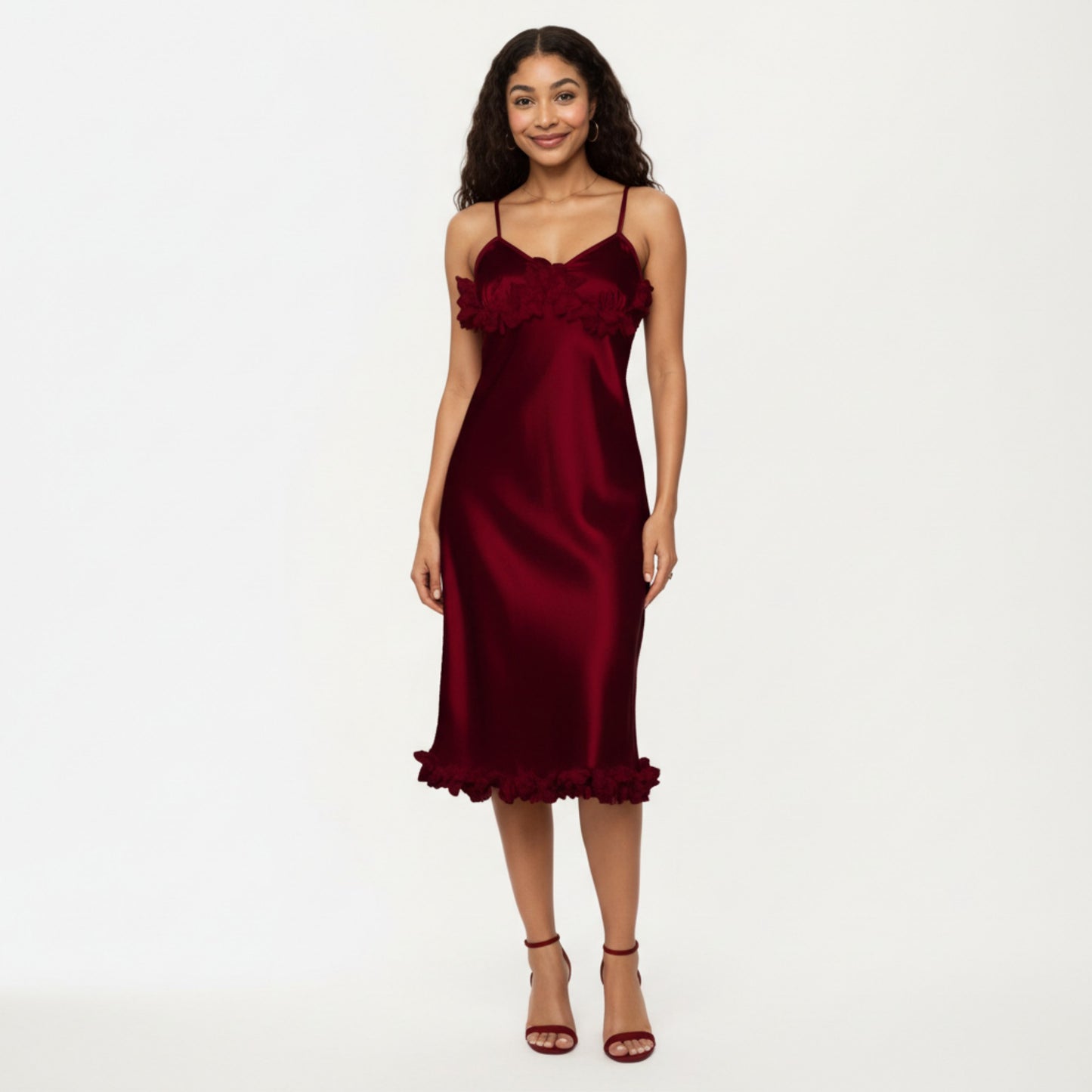 Anna-Kaci Lounge Women's Satin Midi Slip Dress with 3D Floral Trim Bodice and Ruffled Hem Detail for a Soft Sculpted Silhouette