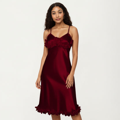 Anna-Kaci Lounge Women's Satin Midi Slip Dress with 3D Floral Trim Bodice and Ruffled Hem Detail for a Soft Sculpted Silhouette