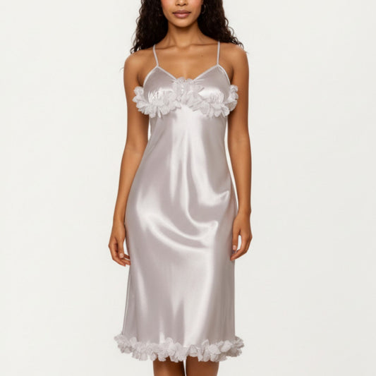 Anna-Kaci Lounge Women's Satin Midi Slip Dress with 3D Floral Trim Bodice and Ruffled Hem Detail for a Soft Sculpted Silhouette
