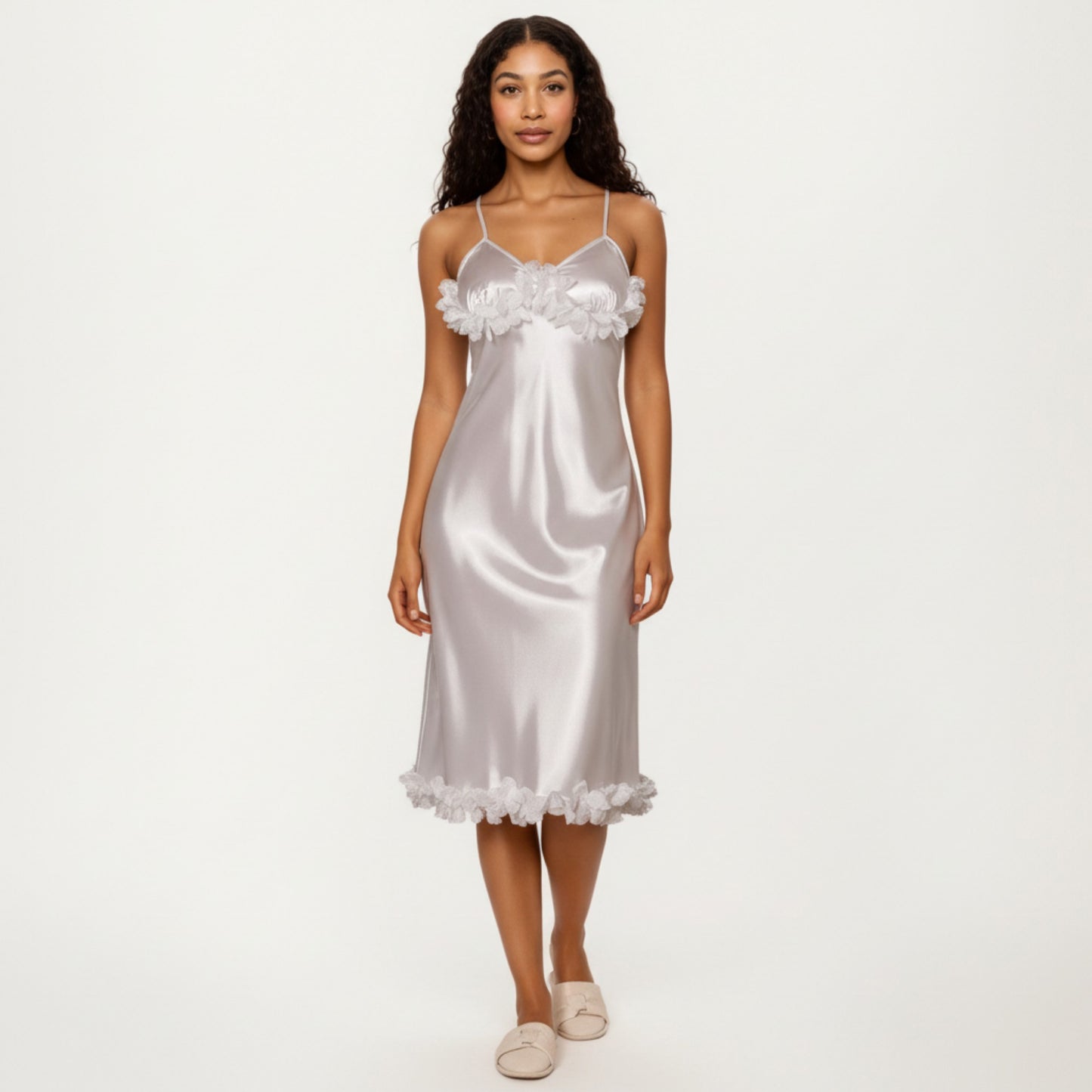 Anna-Kaci Lounge Women's Satin Midi Slip Dress with 3D Floral Trim Bodice and Ruffled Hem Detail for a Soft Sculpted Silhouette