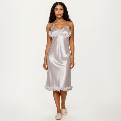 Anna-Kaci Lounge Women's Satin Midi Slip Dress with 3D Floral Trim Bodice and Ruffled Hem Detail for a Soft Sculpted Silhouette