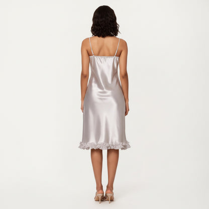 Anna-Kaci Lounge Women's Satin Midi Slip Dress with 3D Floral Trim Bodice and Ruffled Hem Detail for a Soft Sculpted Silhouette