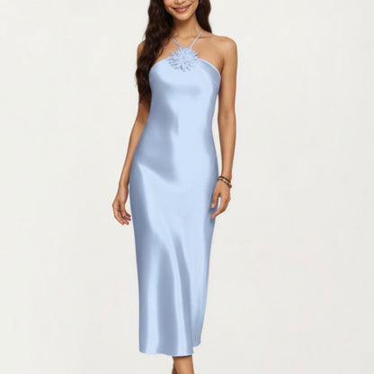 Anna-Kaci Lounge Women's Strapless Midi Slip Dress with Floral Appliqu¨¦ Halter Detail and Sleek Smooth Silhouette