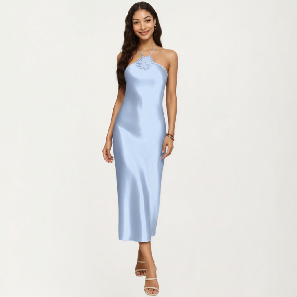 Anna-Kaci Lounge Women's Strapless Midi Slip Dress with Floral Appliqu¨¦ Halter Detail and Sleek Smooth Silhouette