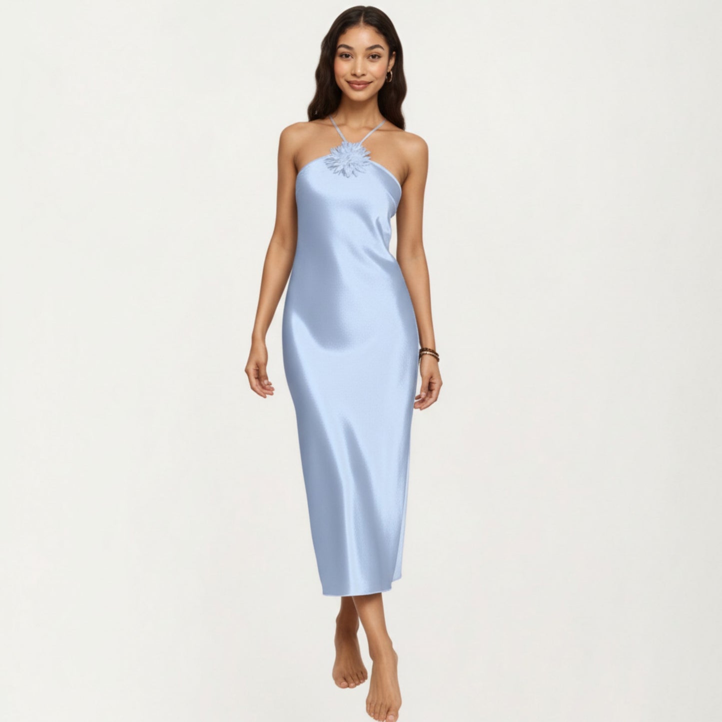 Anna-Kaci Lounge Women's Strapless Midi Slip Dress with Floral Appliqu¨¦ Halter Detail and Sleek Smooth Silhouette