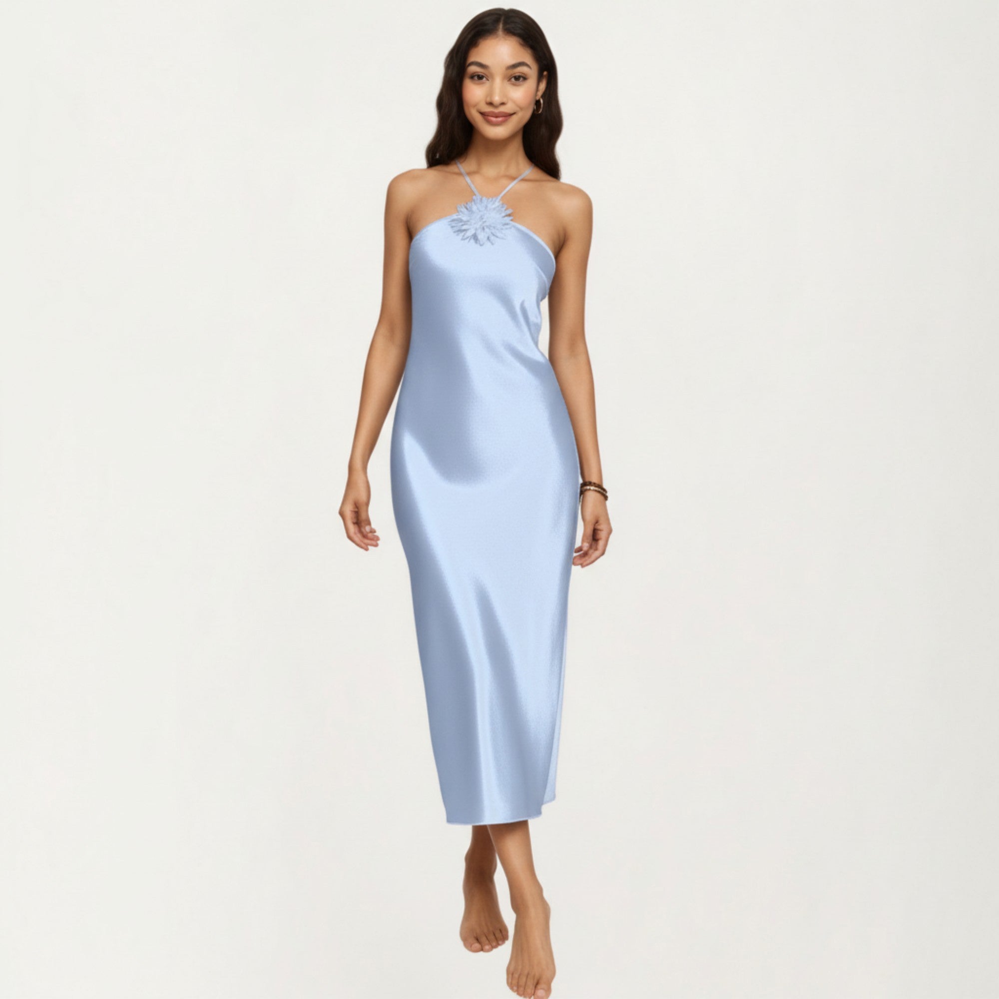 Anna-Kaci Lounge Women's Strapless Midi Slip Dress with Floral Appliqu¨¦ Halter Detail and Sleek Smooth Silhouette