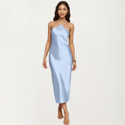 Anna-Kaci Lounge Women's Strapless Midi Slip Dress with Floral Appliqu¨¦ Halter Detail and Sleek Smooth Silhouette