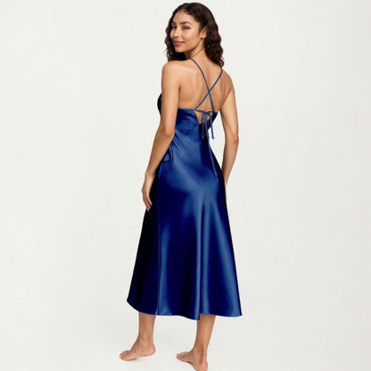 Anna-Kaci Lounge Women's Strapless Midi Slip Dress with Floral Appliqu¨¦ Halter Detail and Sleek Smooth Silhouette