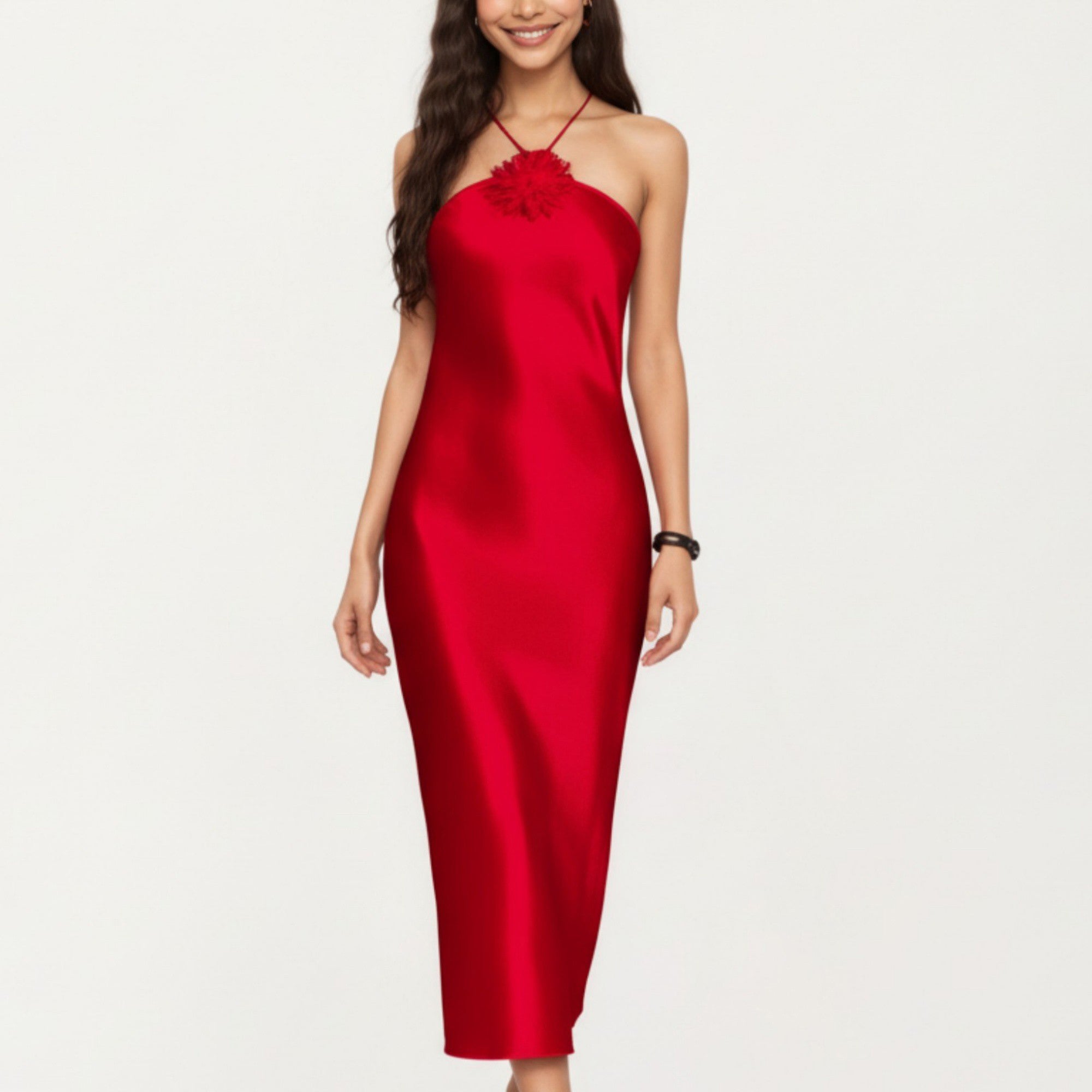 Anna-Kaci Lounge Women's Strapless Midi Slip Dress with Floral Appliqu¨¦ Halter Detail and Sleek Smooth Silhouette