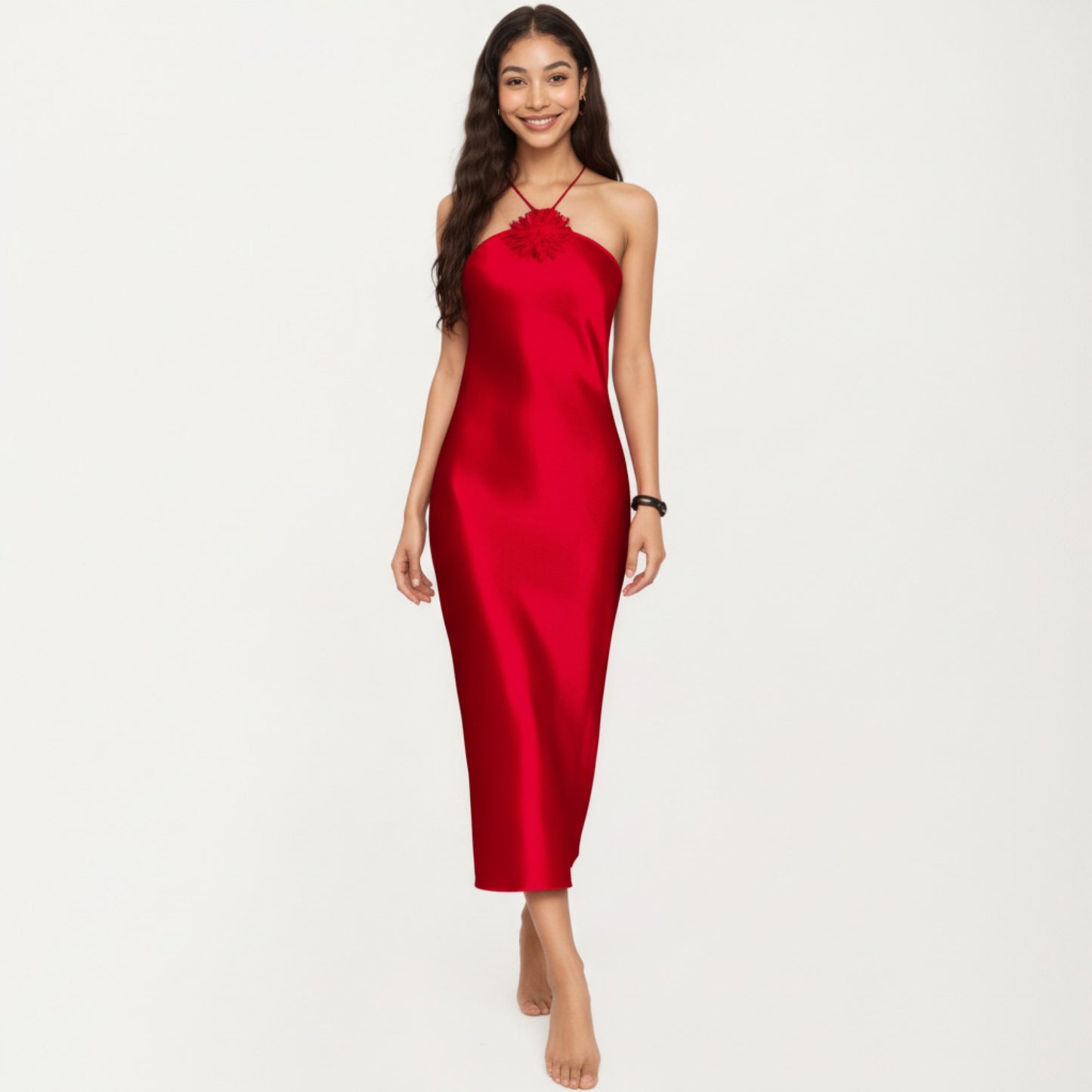 Anna-Kaci Lounge Women's Strapless Midi Slip Dress with Floral Appliqu¨¦ Halter Detail and Sleek Smooth Silhouette