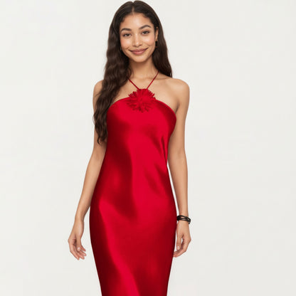 Anna-Kaci Lounge Women's Strapless Midi Slip Dress with Floral Appliqu¨¦ Halter Detail and Sleek Smooth Silhouette