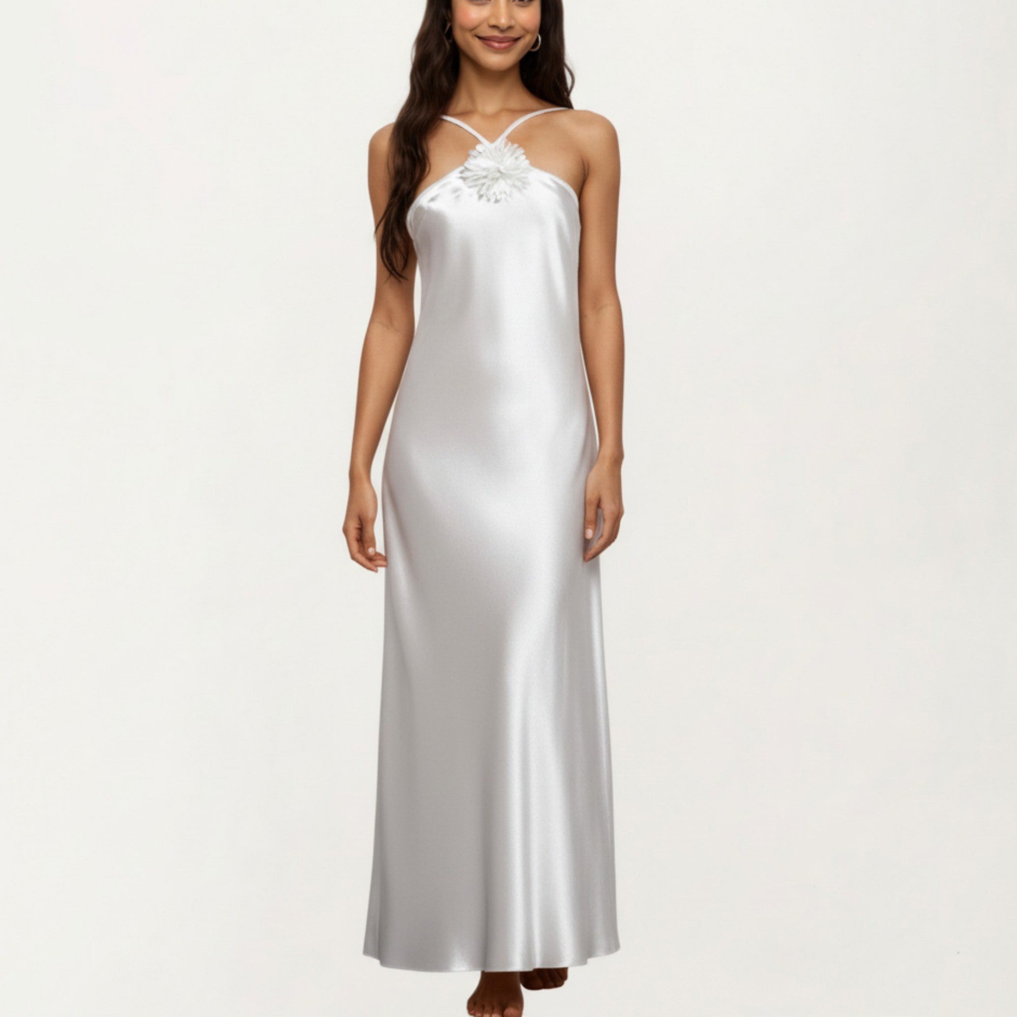 Anna-Kaci Lounge Women's Strapless Midi Slip Dress with Floral Appliqu¨¦ Halter Detail and Sleek Smooth Silhouette