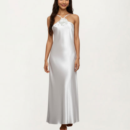 Anna-Kaci Lounge Women's Strapless Midi Slip Dress with Floral Appliqu¨¦ Halter Detail and Sleek Smooth Silhouette