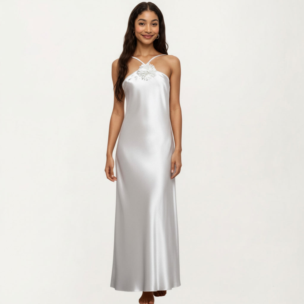 Anna-Kaci Lounge Women's Strapless Midi Slip Dress with Floral Appliqu¨¦ Halter Detail and Sleek Smooth Silhouette