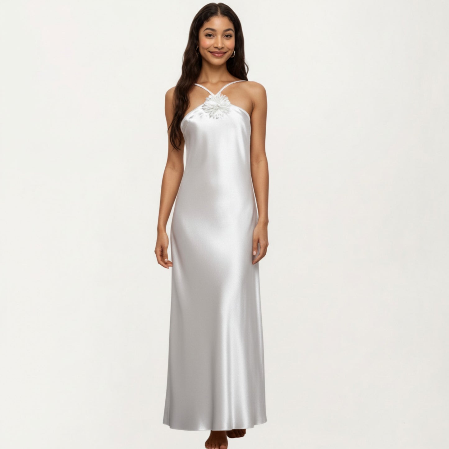 Anna-Kaci Lounge Women's Strapless Midi Slip Dress with Floral Appliqu¨¦ Halter Detail and Sleek Smooth Silhouette