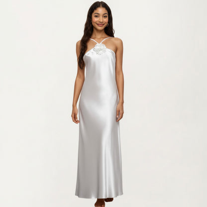 Anna-Kaci Lounge Women's Strapless Midi Slip Dress with Floral Appliqu¨¦ Halter Detail and Sleek Smooth Silhouette