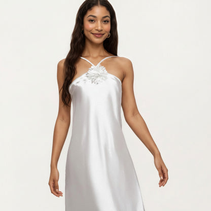 Anna-Kaci Lounge Women's Strapless Midi Slip Dress with Floral Appliqu¨¦ Halter Detail and Sleek Smooth Silhouette