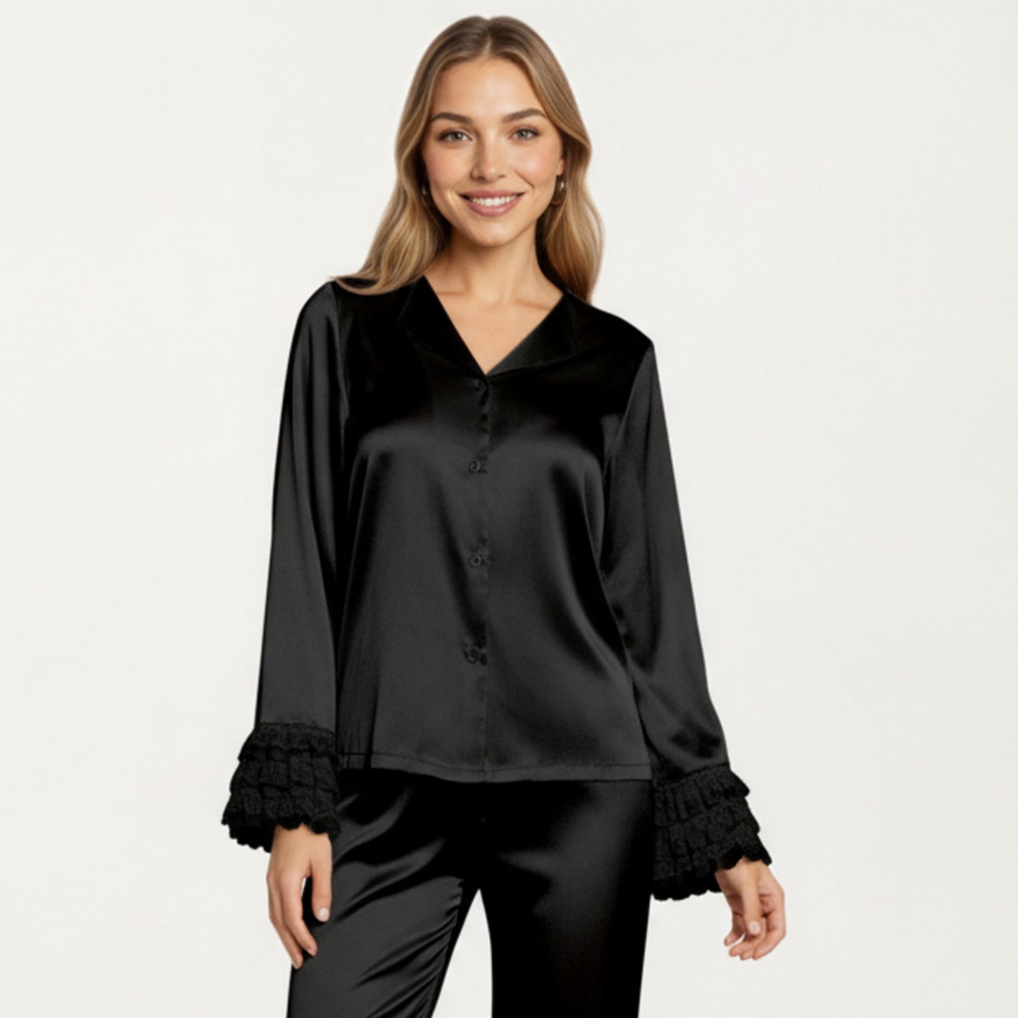 Anna-Kaci Lounge Women's Long Sleeve Pajama Set with Soft Button Front Top and Ruffled Cuff Trim Straight-Leg Pants