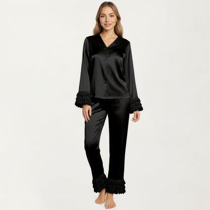 Anna-Kaci Lounge Women's Long Sleeve Pajama Set with Soft Button Front Top and Ruffled Cuff Trim Straight-Leg Pants