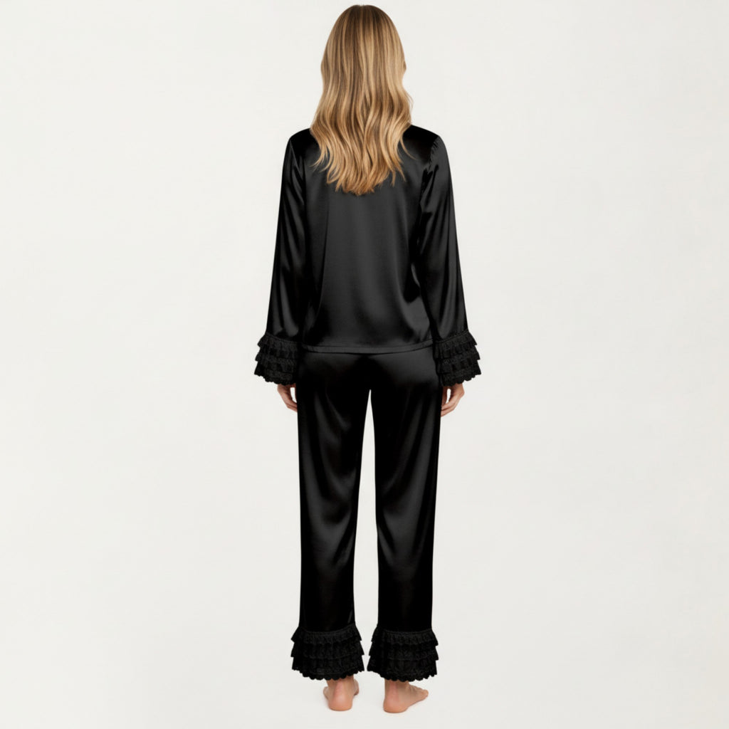 Anna-Kaci Lounge Women's Long Sleeve Pajama Set with Soft Button Front Top and Ruffled Cuff Trim Straight-Leg Pants