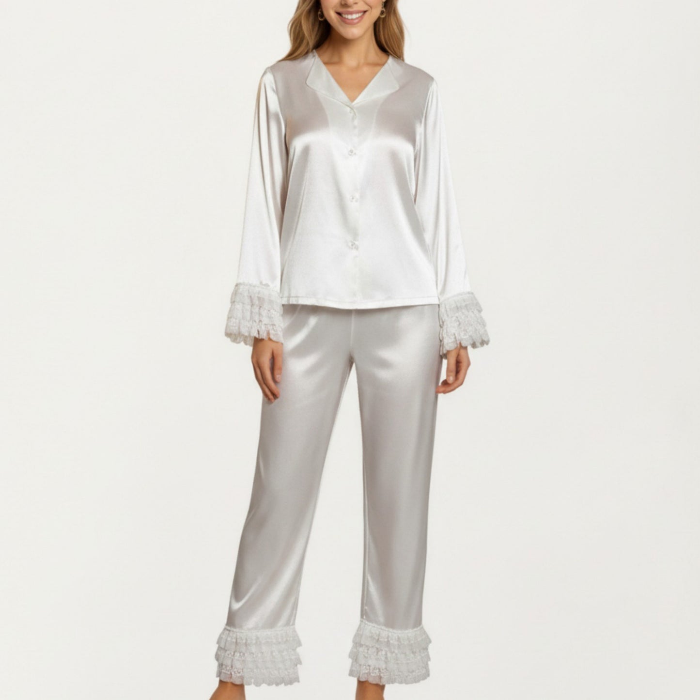 Anna-Kaci Lounge Women's Long Sleeve Pajama Set with Soft Button Front Top and Ruffled Cuff Trim Straight-Leg Pants