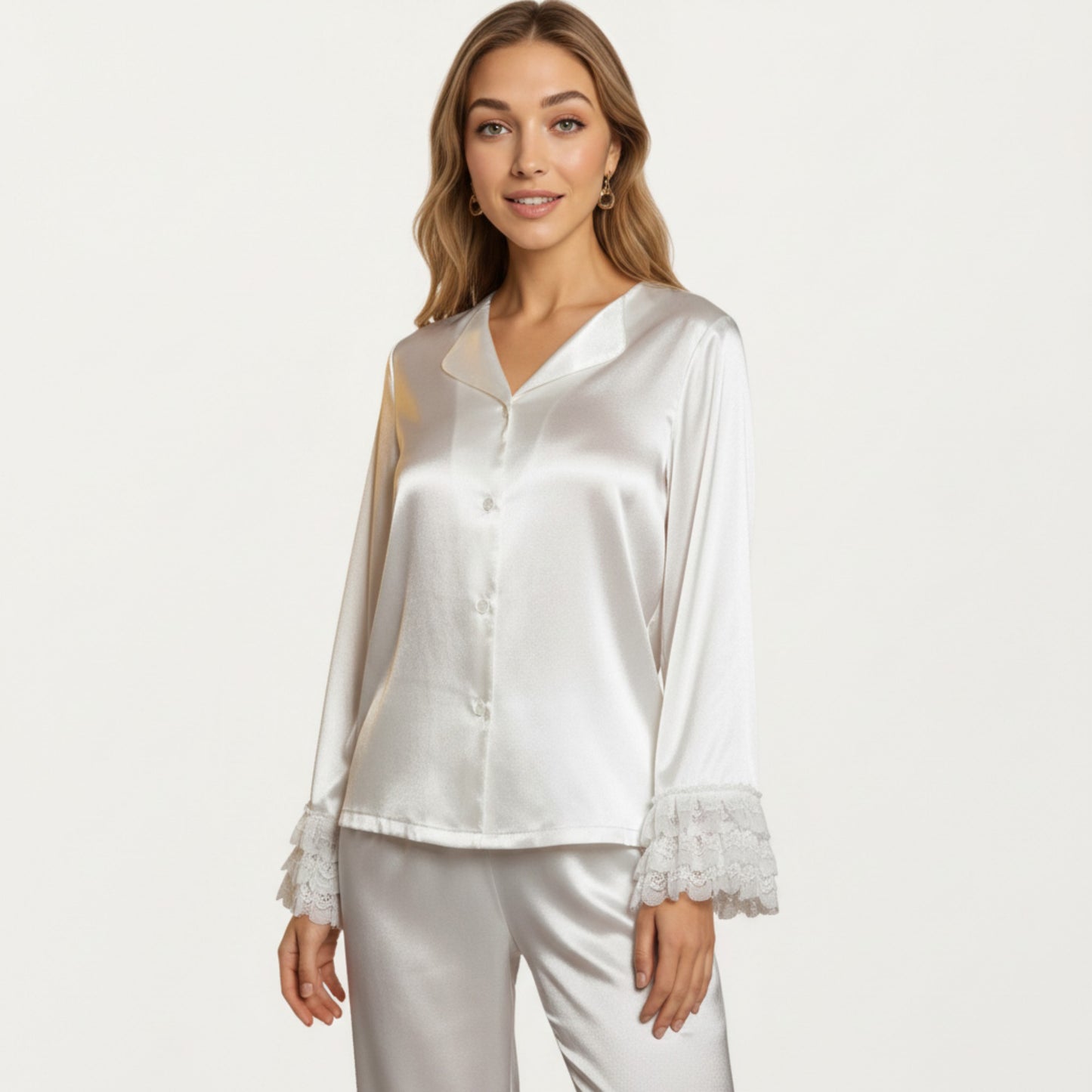 Anna-Kaci Lounge Women's Long Sleeve Pajama Set with Soft Button Front Top and Ruffled Cuff Trim Straight-Leg Pants